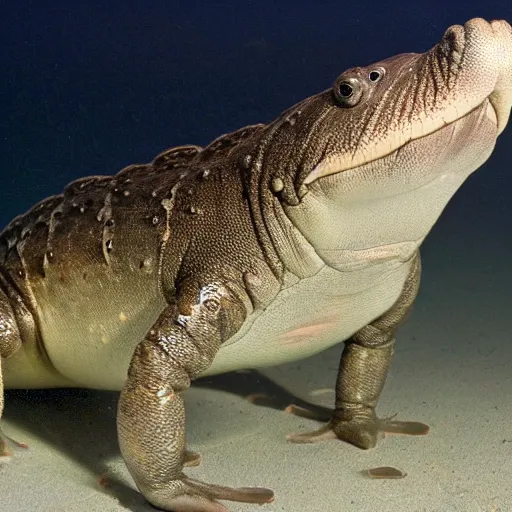 Image similar to A medium, hybrid, bipedal amphibian with a manatee head, no ears, and a long jaw containing four sharp fangs