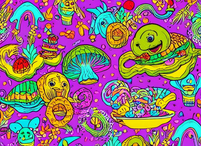 Image similar to 🌈🍄🐢🌿, lowbrow, in the style of lisa frank,