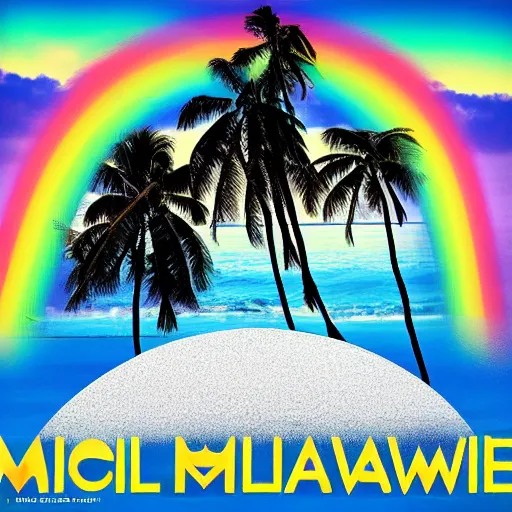 Image similar to miracle musical Hawaii part ii album cover, showing an ocean in the background, spiral transparent stairs on the left with tall palm trees behind it, a slight rainbow in the background, white outline border, moon in the right top area black and white except for the rainbow album cover with rainbow text in the middle reading Hawaii part ii