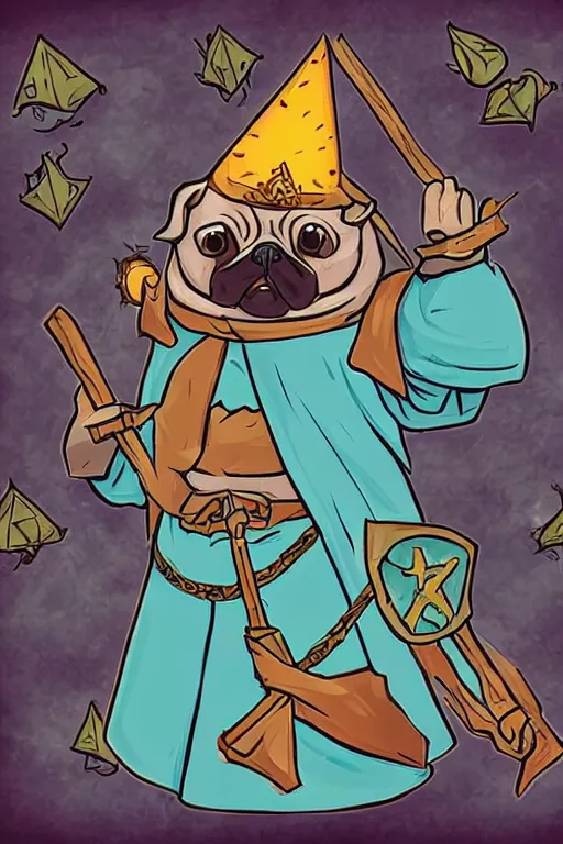 Prompt: Pug that is a wizard casting a spell , wizard, medieval, sticker, colorful, casting epic spell, magic the gathering artwork, D&D, fantasy, artstation, heroic pose, illustration, highly detailed, simple, smooth and clean vector curves, no jagged lines, vector art, smooth