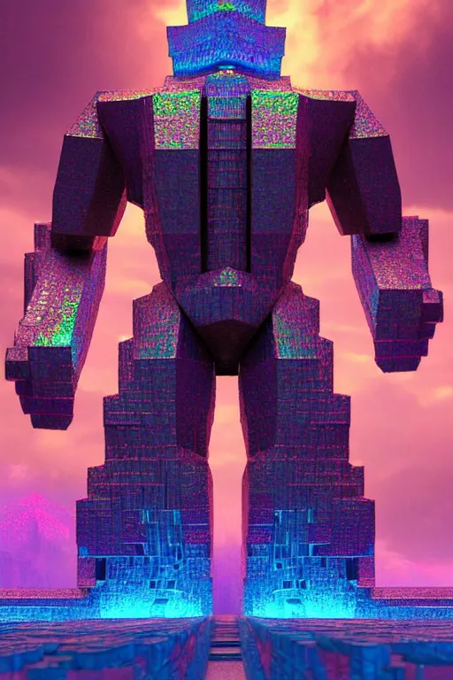 Image similar to concept art of fractal colorful bismuth! metal giant golem : : shiny rainbow bismuth! fractalization : : extremely high details, masterpiece, photorealistic, hyperrealism, vray, octane render, volumetric lighting, depth of field, bokeh, artstation, cgsociety by elyse graham, johannen voss, greg broadmore