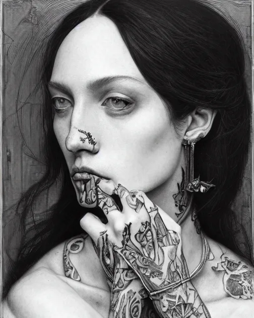 Prompt: a black and white portrait of model with tattoos wearing balenciaga jewelry, by edgar maxence and caravaggio and michael whelan, artistic, intricate drawing, light brazen, realistic fantasy, extremely detailed and beautiful aesthetic face, 8 k resolution