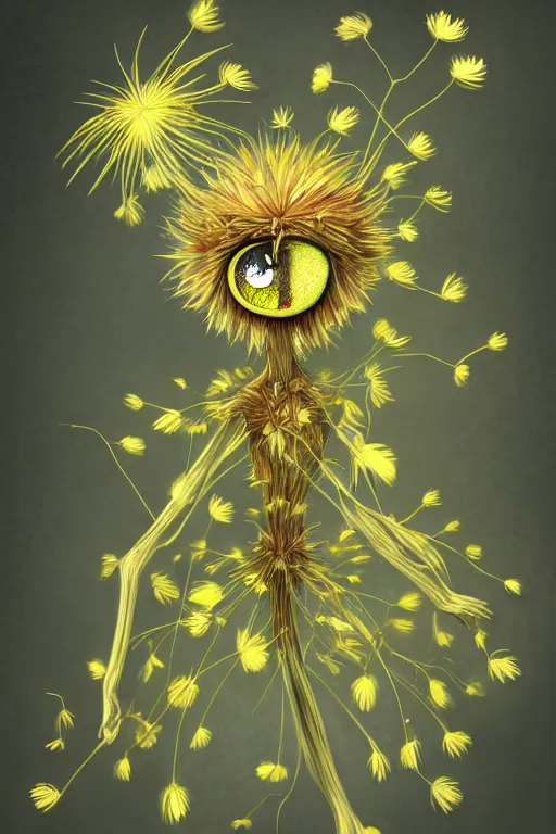 Image similar to a humanoid figure dandelion plant monster, amber eyes, highly detailed, digital art, sharp focus, ambient glow, trending on art station, anime art style