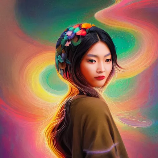 Prompt: young asian woman with flowing hair dressed in a comfortable sweater, rendered in octane, photorealism, by Ansel Adams David Suh Lisa Frank Peter Mohrbacher Artgerm