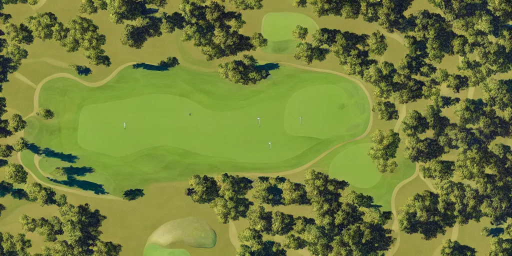 Image similar to top down oil painting of a 18 hole golf course layout, there is water all around, many bushes and trees, minimalistic, flat, high res