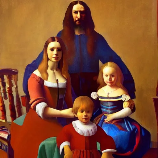 Prompt: a modern family portrait, dmitry spiros, leonardo da vinci, jacques - louis david, johannes vermeer, 8 k, wide angle, trending on artstation,