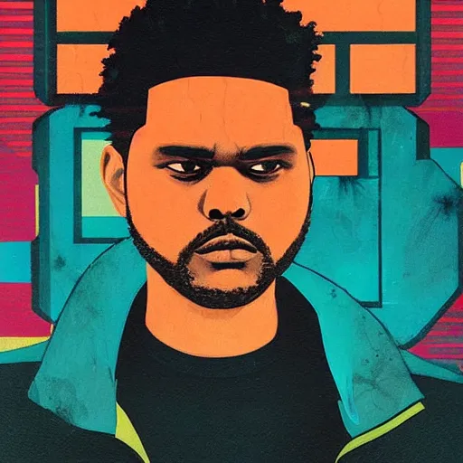 Prompt: The Weeknd profile picture by Sachin Teng, cyberpunk, 80's, retrowave, asymmetrical, dark vibes, Realistic Painting , Organic painting, Matte Painting, geometric shapes, hard edges, graffiti, street art:2 by Sachin Teng:4