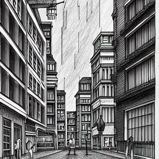 Image similar to a drawing of a city street with a tall building, a storybook illustration by carles delclaux is, behance contest winner, new objectivity, streetscape, storybook illustration, matte drawing