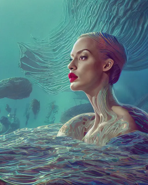 Image similar to portrait of Karol G as a mermaid. intricate abstract. intricate artwork. by Tooth Wu, wlop, beeple, dan mumford. mulholland drive by david lynch, dune by david lynch, octane render, trending on artstation, greg rutkowski very coherent symmetrical artwork. cinematic, hyper realism, high detail, octane render, 8k, iridescent accents