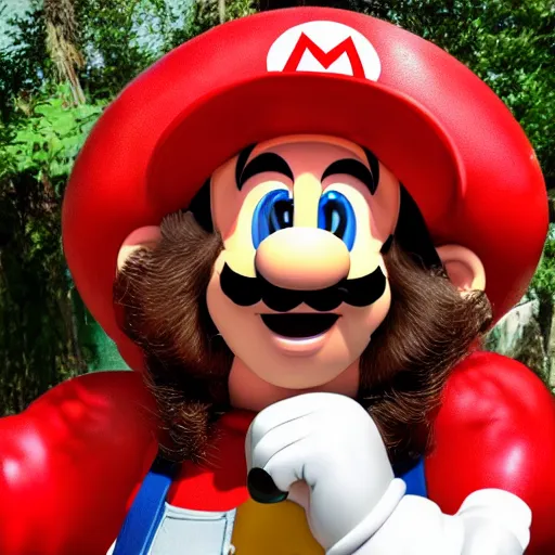 Image similar to photo of real life mario finding a giant mushroom, exhilarated, portrait, closeup. mouth open, 30mm, bokeh