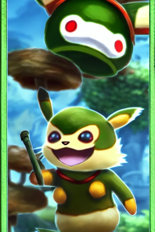 Image similar to teemo, a pokemon trading card of teemo, highly detailed pokemon trading card screenshot