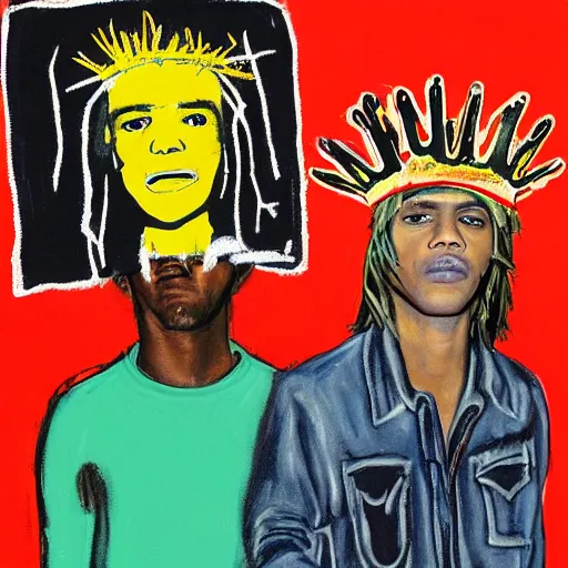 Image similar to kurt cobain and basquiat wearing a painted basquiat crown photorealistic