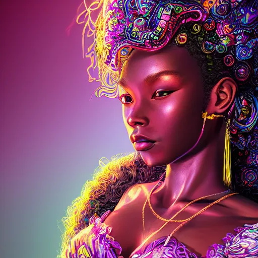 Prompt: the portrait of the absurdly beautiful, graceful, elegant, gorgeous, sensual young black girl goddess made of rainbow soul spirit, an ultrafine hyperdetailed photograph by kim jung gi, irakli nadar, intricate linework, bright colors, octopath traveler, final fantasy, unreal engine 5 highly rendered, global illumination, radiant light, intricate environment, 8 k
