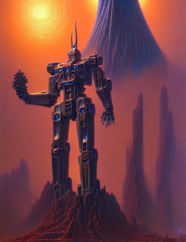 Prompt: a giant statue of odin mecha, tim hildebrandt, wayne barlowe, bruce pennington, donato giancola, trending on artstation, cinematic composition, beautiful lighting, hyper detailed, 8 k, oil on canvas
