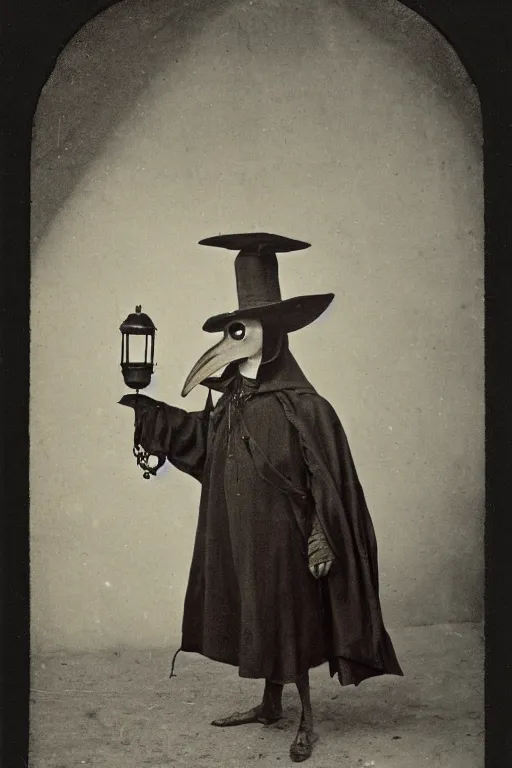 Image similar to 1800s photograph of a plague doctor holding a lantern,