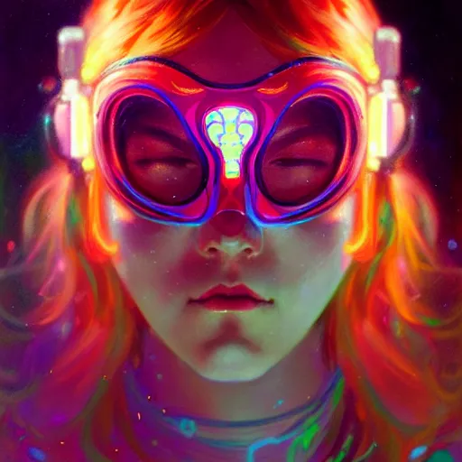 Image similar to A girl wearing a glowing colorful rave mask, face, detailed, intricate, elegant, highly detailed, digital painting, artstation, concept art, smooth, sharp focus, illustration, art by Krenz Cushart and Artem Demura and alphonse mucha