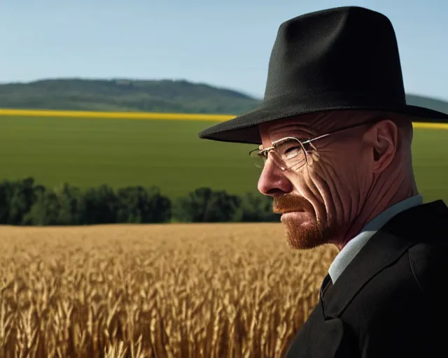 Prompt: extreme long shot of walter white wearing a black hat facing gustavo fring from a distance in a wheat field, insanely detailed, low angle, side view, perfect angle, 8 5 mm photograph, 8 k resolution, wide shot, sharp lens, cinematic