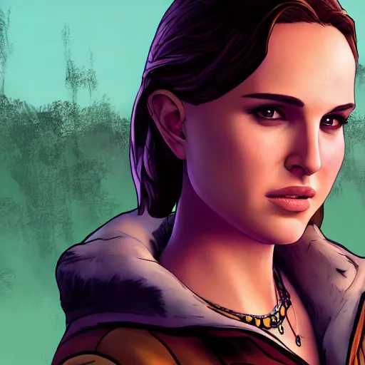 Image similar to young natalie portman portrait, borderlands, tales from the borderlands, the wolf among us, comic, cinematic lighting, studio quality, 8 k