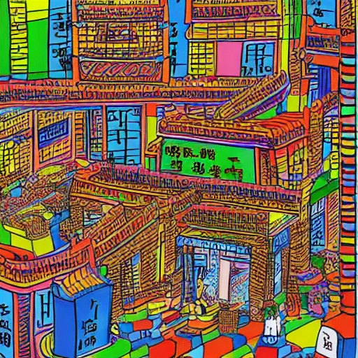 Prompt: a chinese prison, in the style of daniel johnston and outsider art, 8 k, line brush, minimal, brightly coloured, flat blocks of color, overlaid with chinese adverts