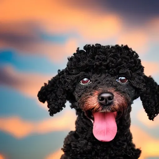 Image similar to a dark cloud shaped like a black miniature toy poodle's head, sunset realistic photo