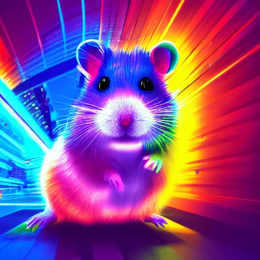 Image similar to hamster with rainbow fur in a cyberpunk city with bright neon lights, 8 k, hd, light reflection