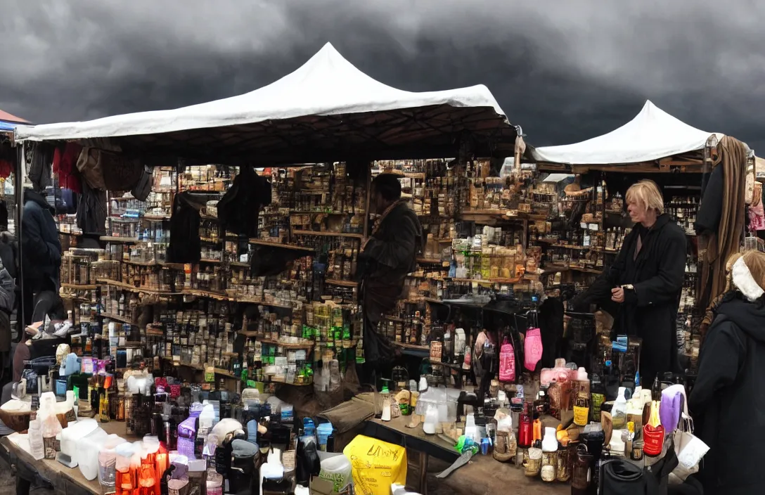 Prompt: market stall in Mordor with dark sky. An orc is selling dark toiletries and body parts