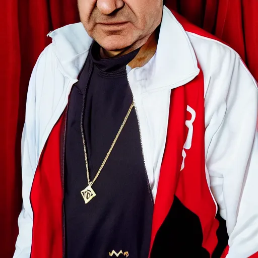 Prompt: jafar panahi mixed with gordon brown, clean shaven, wearing an umbro sports tracksuit and gold necklace with large star shaped intricate gold medallion