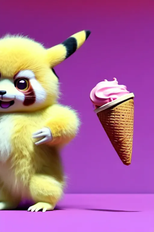 Prompt: high quality 3 d render hyperrealist very cute pastel fluffy! red panda & tarsier hybrid suspicious eating giant ice cream, vray smooth, in the style of detective pikachu, hannah yata charlie immer, very dramatic light, low angle, uhd 8 k, shallow depth or field