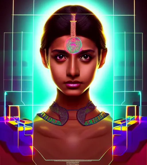 Image similar to symmetry!! indian princess of technology, solid cube of light, hard edges, product render retro - futuristic poster scifi, lasers and neon circuits, brown skin gorgeous indian princess, intricate, elegant, highly detailed, digital painting, artstation, concept art, smooth, sharp focus, illustration, dreamlike, art by artgerm