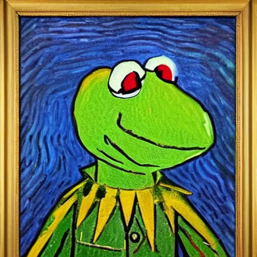 Prompt: kermit portrait, oil painting, visible brush strokes, by van gogh