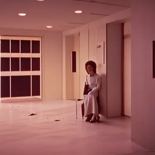 Image similar to cinematic shot from a 1 9 8 5 thriller, a woman hears a voice in her head, apartment design, movie directed by stanley kubrick, color theory, leading lines, photorealistic, volumetric lighting w 9 6 0