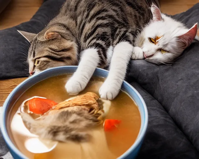 Prompt: cat laying in bed drinking chicken soup while watching the late show.