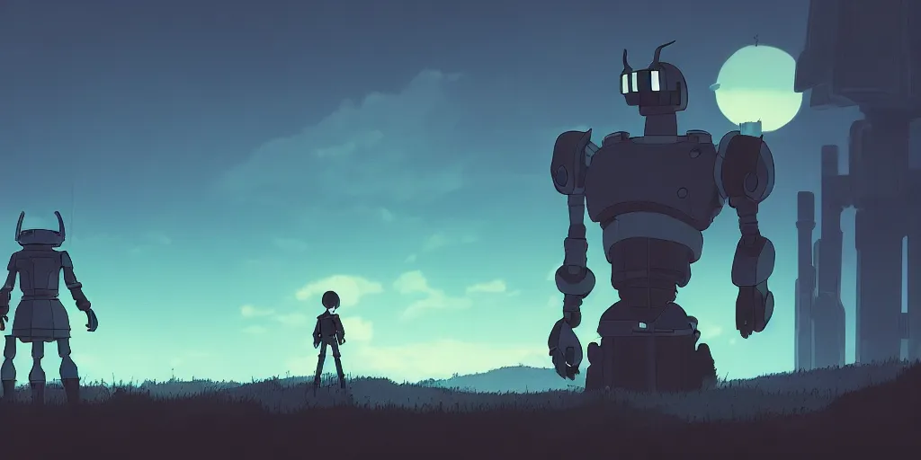 Prompt: Iron Giant, Very Cloudy Sky, Sun, Neon Lights, Subject in Middle, Rule of Thirds, 4K, Retrofuturism, Castlevania, Fantasy, hollow knight, Studio Ghibli, Simon Stålenhag