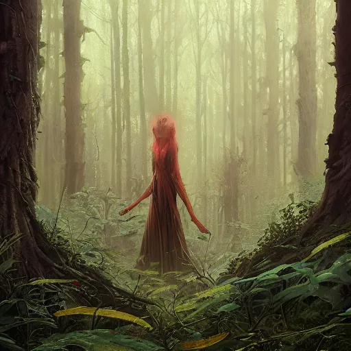 Image similar to highly detailed creepy forest mother mage, stephen bliss, unreal engine, fantasy art by greg rutkowski, loish, rhads, ferdinand knab, makoto shinkai and lois van baarle, ilya kuvshinov, rossdraws, tom bagshaw, global illumination, radiant light, detailed and intricate environment