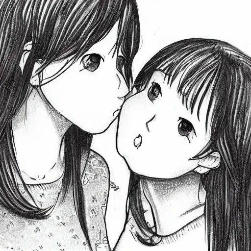 Image similar to portrait of two girls kissing, detailed manga art