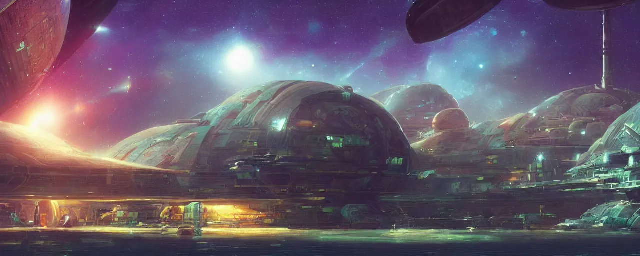 Prompt: ” intergalactic spaceport with clear plastic vehicle tubes, [ art by paul lehr, cinematic, detailed, epic, widescreen, opening, establishing, mattepainting, photorealistic, realistic textures, octane render ] ”