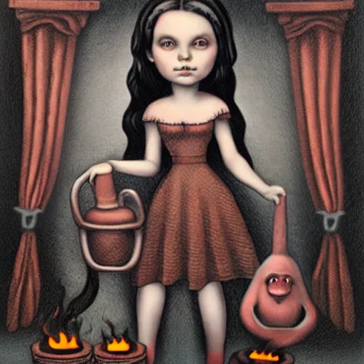 Prompt: the blacksmits’ daughter, working in the forge, lowbrow in the style of Mark Ryden,