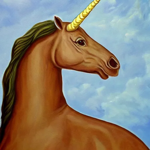 Image similar to painting of one of the worst fossil reconstructions in human history a really long unicorn horn realism painting