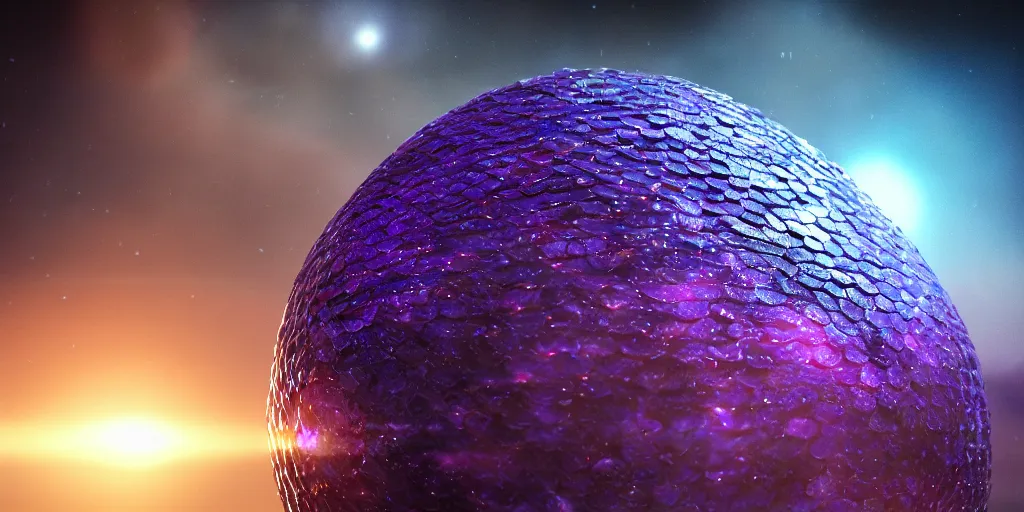 Prompt: a photo of 8k ultra realistic sphere spaceship made of dragon scales, purple and blue neon, cinematic lighting, trending on artstation, 4k, hyperrealistic, focused, extreme details, unreal engine 5, cinematic, masterpiece