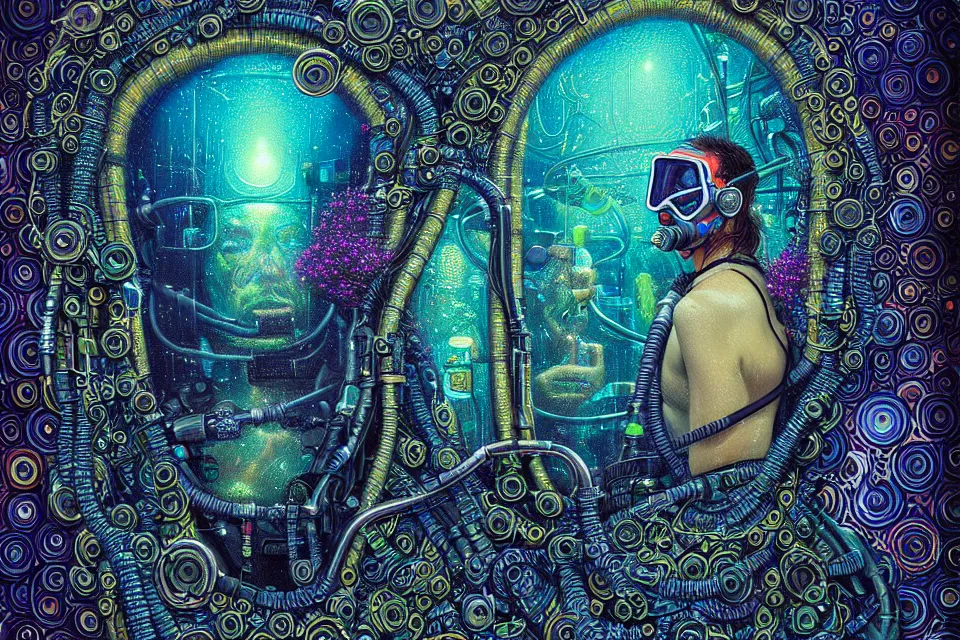 Prompt: detailed portrait of a cyberpunk scuba diver inside a dmt portal by james r eads and tomasz alen kopera
