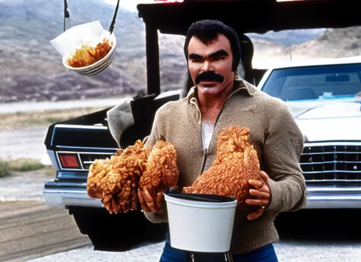 Image similar to film still of burt reynolds holding a bucket of fried chicken in cannonball run 1 9 8 2