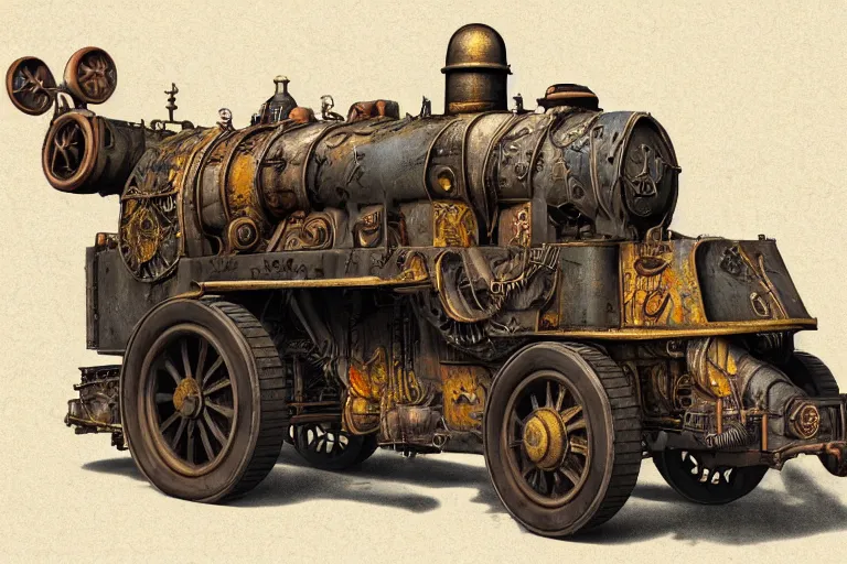 Image similar to hellfire thomas the tank, mad max, in the style of hannes bok and doug chiang and vernon grant, trending on artstation, back lighting rear view steampunk, blueprint, muted colors, gothic, tachisme