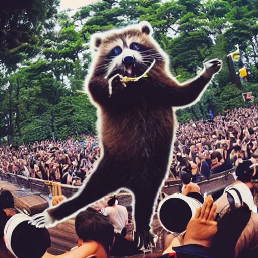 Image similar to a tanuki raving on a techno festival, realistic, kodak