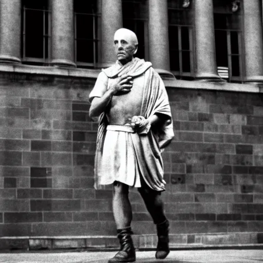 Prompt: a photograph Julius Caesar walking down wall street