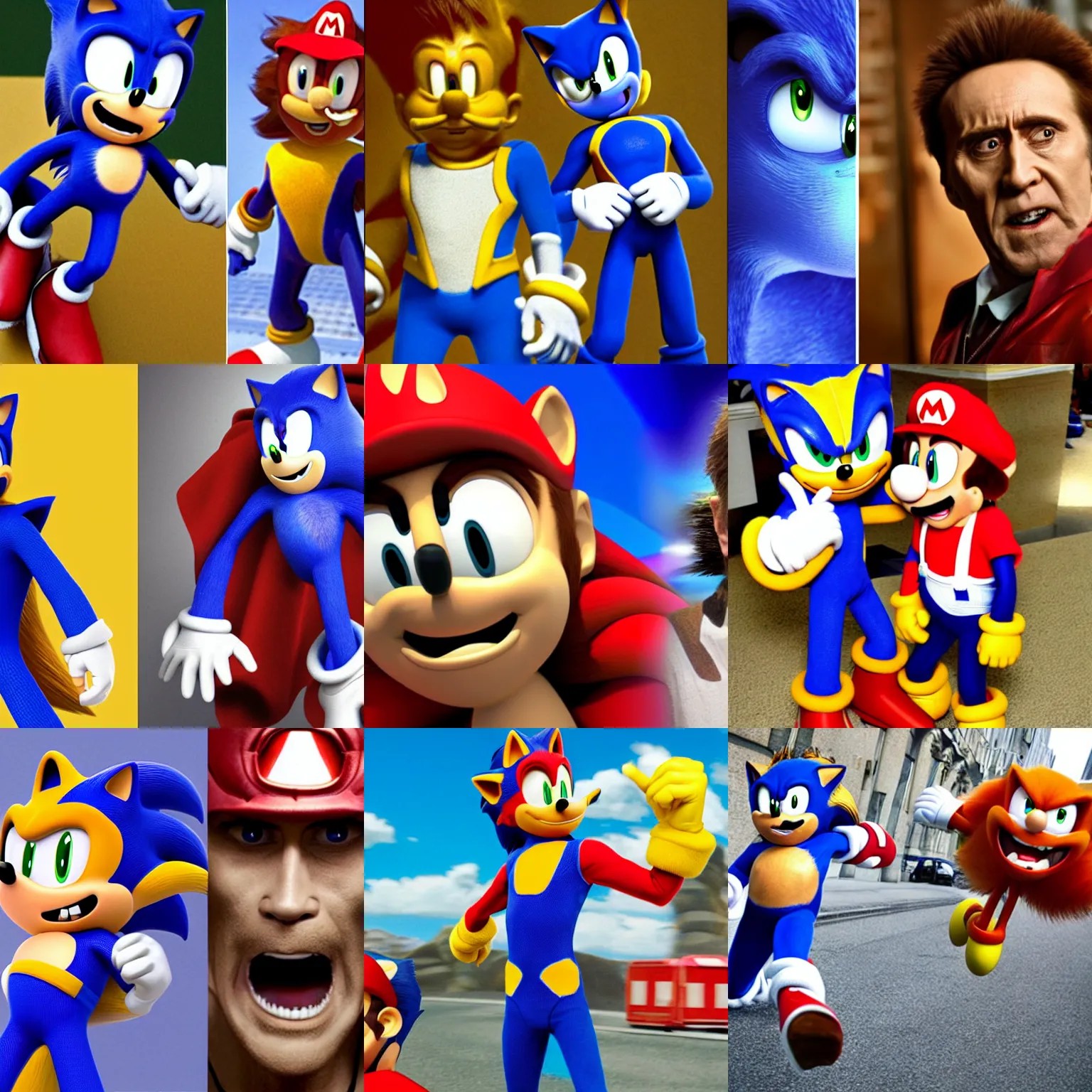 Prompt: Willem Dafoe as Sonic the Hedgehog and Nicolas Cage as Super Mario, photography