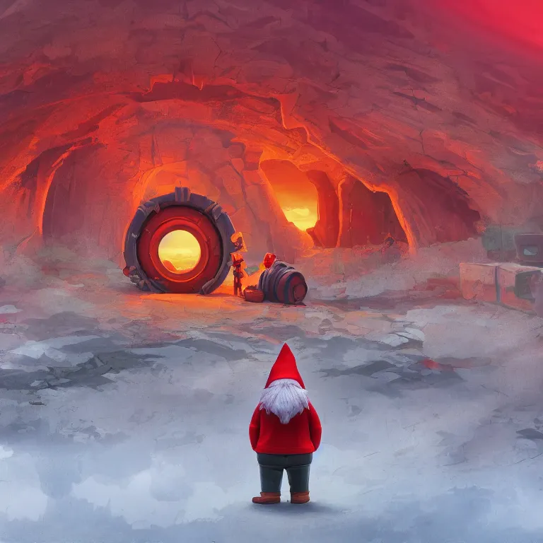 Prompt: a gnome standing in front of a circular portal, open to a red world. Detailed digital matte painting in the style of simon stalenhag