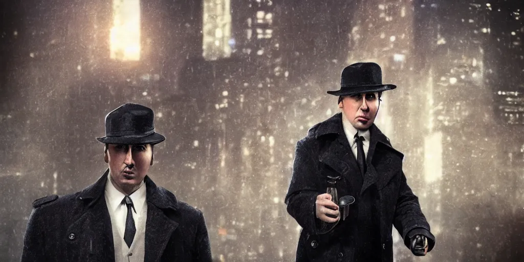 Image similar to a picture of a man with a face similar to nick cage, wearing a 1 9 4 0's noire detective outfit with fedora and trench coat, standing in the streets of chicago at night, detailed unblurred face, 4 k octane render digital painting