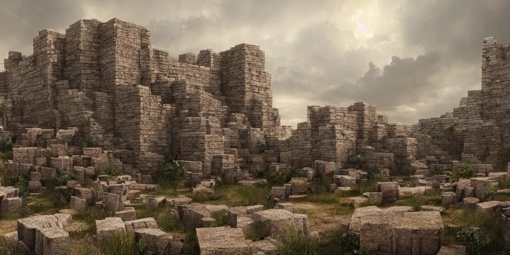 Image similar to beautiful matte painting of a giant wall made from stone bricks by weta workshop 8 k, cinematic dramatic atmosphere, dramatic lighting