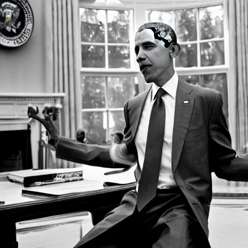 Prompt: barack obama breakdancing on the desk in the oval office