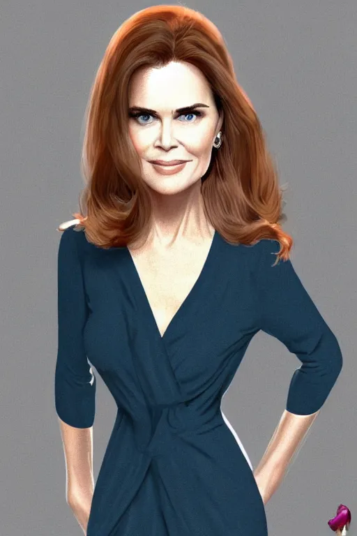 Prompt: mix of beautiful young maria shriver, mariel hemmingway, brooke shields, nicole kidman and elle macpherson in an elegant cocktail dress, thin lips, hair tied up in a pony tail, dark blonde hair, colorful, artstation, cgsociety